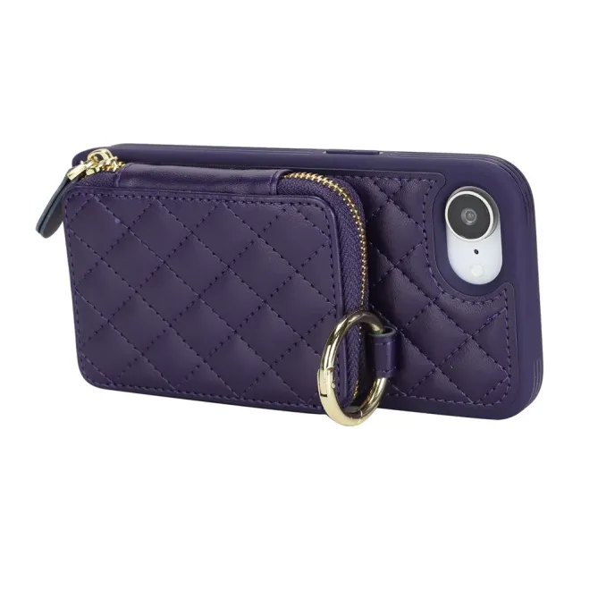 Coque iPhone 17e / 16e Portefeuille Zippé Matelassé avec Bandoulière