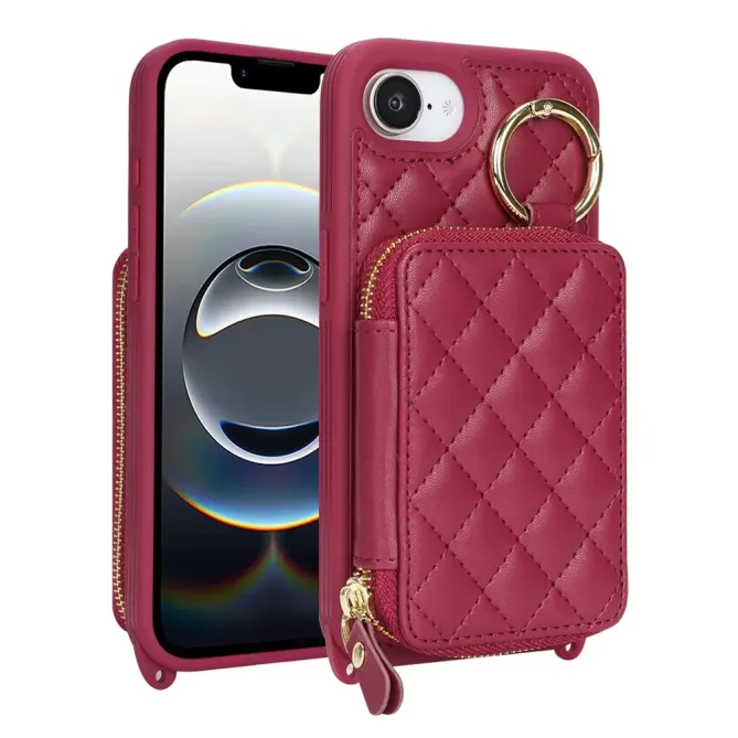 Coque iPhone 17e / 16e Portefeuille Zippé Matelassé avec Bandoulière