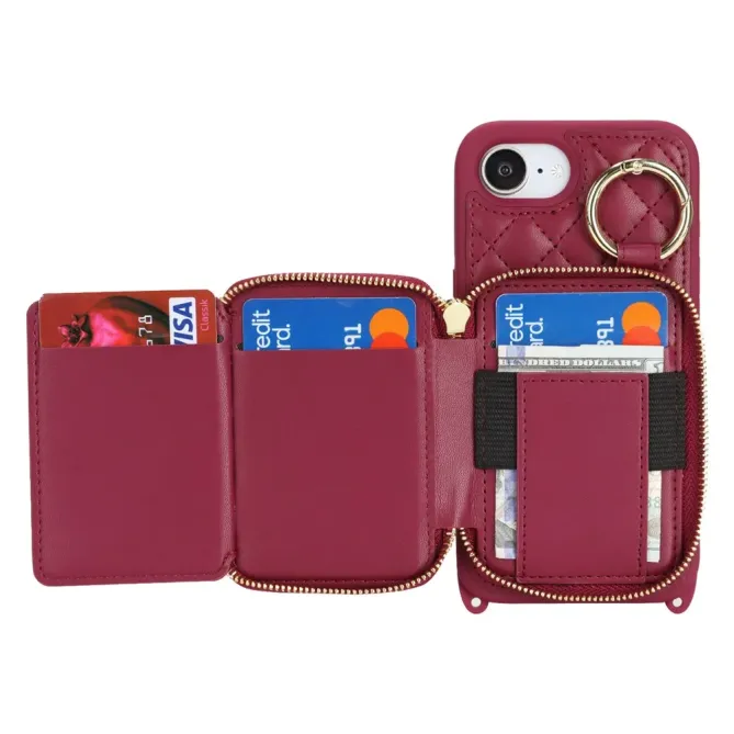 Coque iPhone 17e / 16e Portefeuille Zippé Matelassé avec Bandoulière