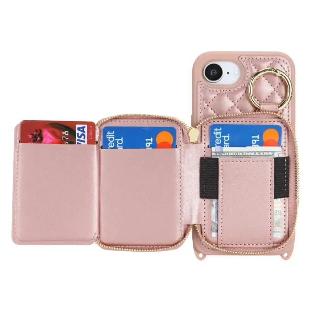 Coque iPhone 17e / 16e Portefeuille Zippé Matelassé avec Bandoulière