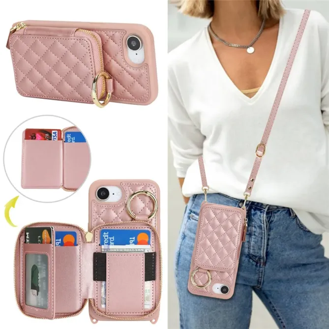 Coque iPhone 17e / 16e Portefeuille Zippé Matelassé avec Bandoulière