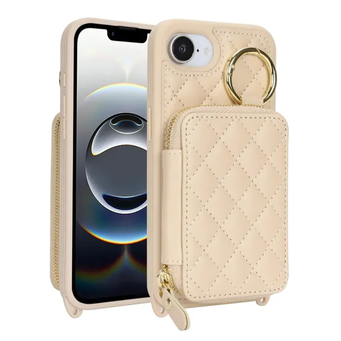 Coque iPhone 17e / 16e Portefeuille Zippé Matelassé avec Bandoulière