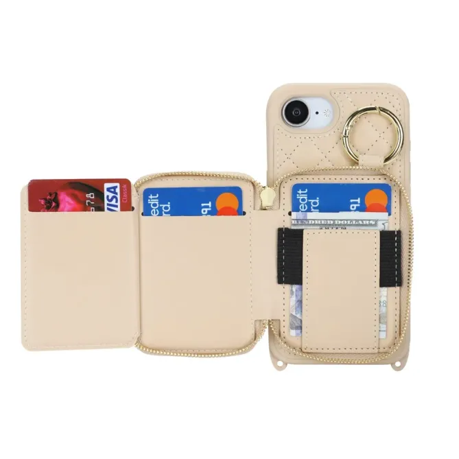 Coque iPhone 17e / 16e Portefeuille Zippé Matelassé avec Bandoulière