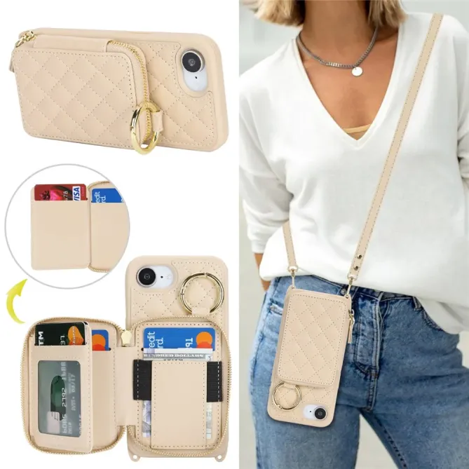 Coque iPhone 17e / 16e Portefeuille Zippé Matelassé avec Bandoulière