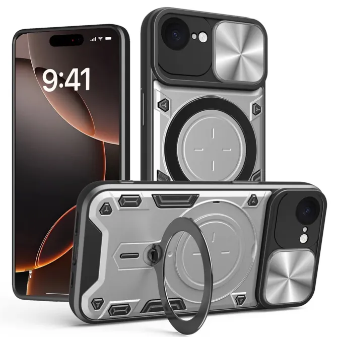 Coque iPhone 17e / 16e Armor avec Cache Caméra et Support Rotatif