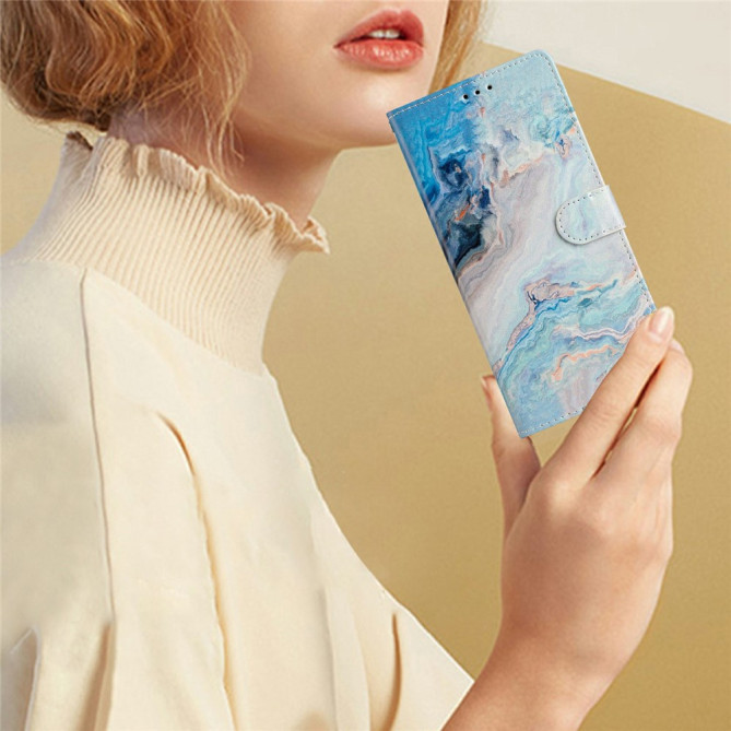 Housse Samsung Galaxy A37 Marbre Bleu Portefeuille Support Dragonne