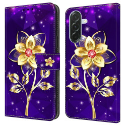 Housse Samsung Galaxy A37 Fleurs Dorées sur Violet Portefeuille Support