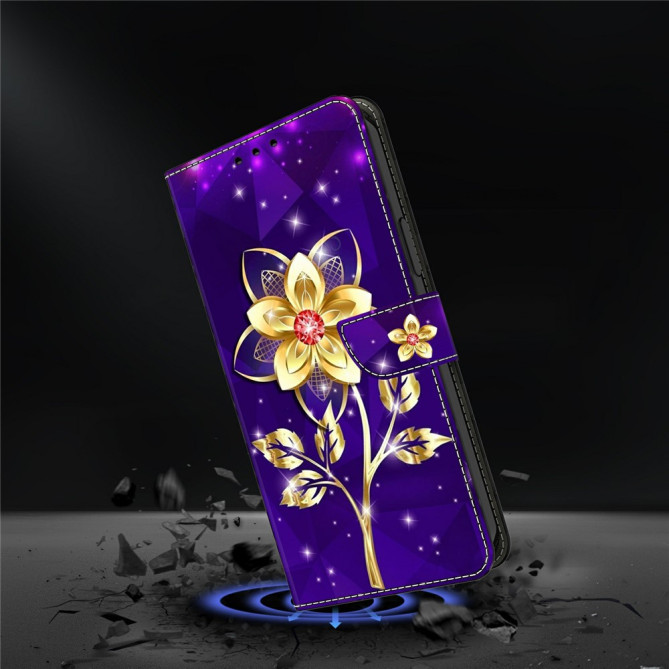 Housse Samsung Galaxy A37 Fleurs Dorées sur Violet Portefeuille Support