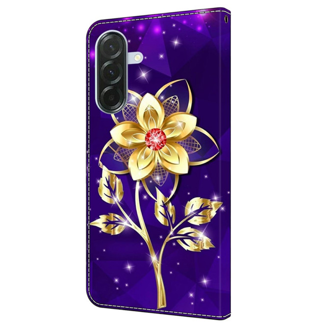 Housse Samsung Galaxy A37 Fleurs Dorées sur Violet Portefeuille Support