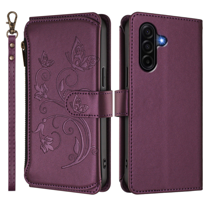 Housse Samsung Galaxy A37 Papillon Floral Portefeuille Fermeture Éclair