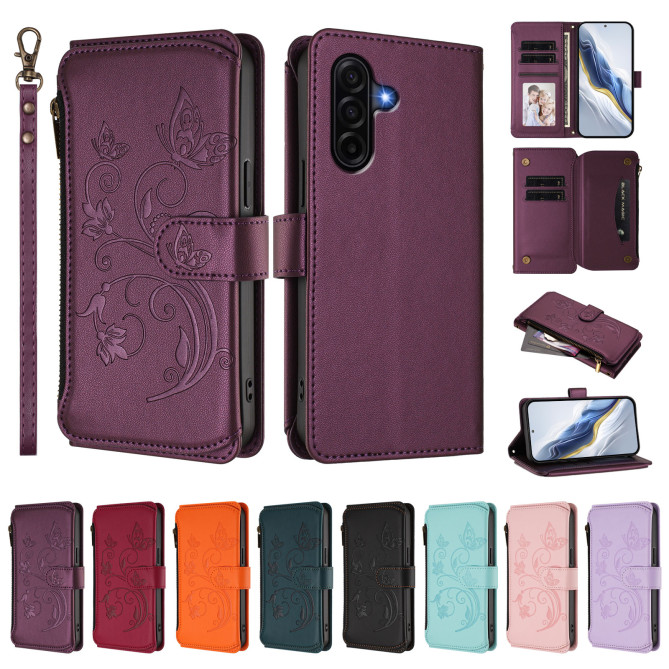 Housse Samsung Galaxy A37 Papillon Floral Portefeuille Fermeture Éclair
