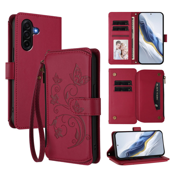 Housse Samsung Galaxy A37 Papillon Floral Portefeuille Fermeture Éclair