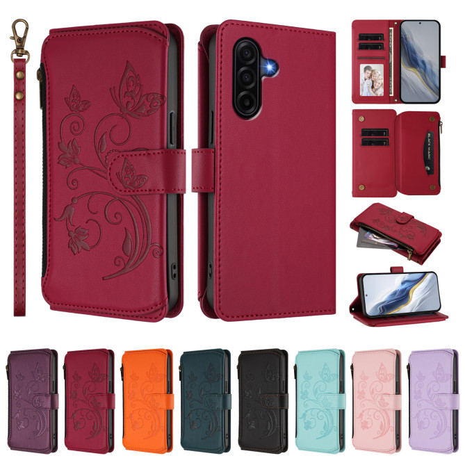 Housse Samsung Galaxy A37 Papillon Floral Portefeuille Fermeture Éclair