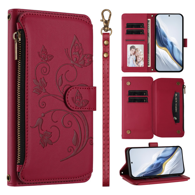 Housse Samsung Galaxy A37 Papillon Floral Portefeuille Fermeture Éclair