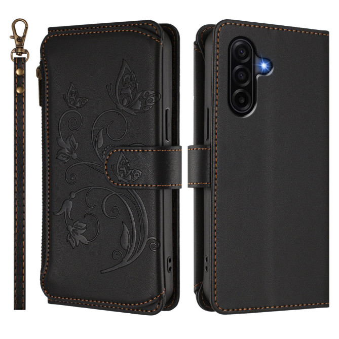 Housse Samsung Galaxy A37 Papillon Floral Portefeuille Fermeture Éclair