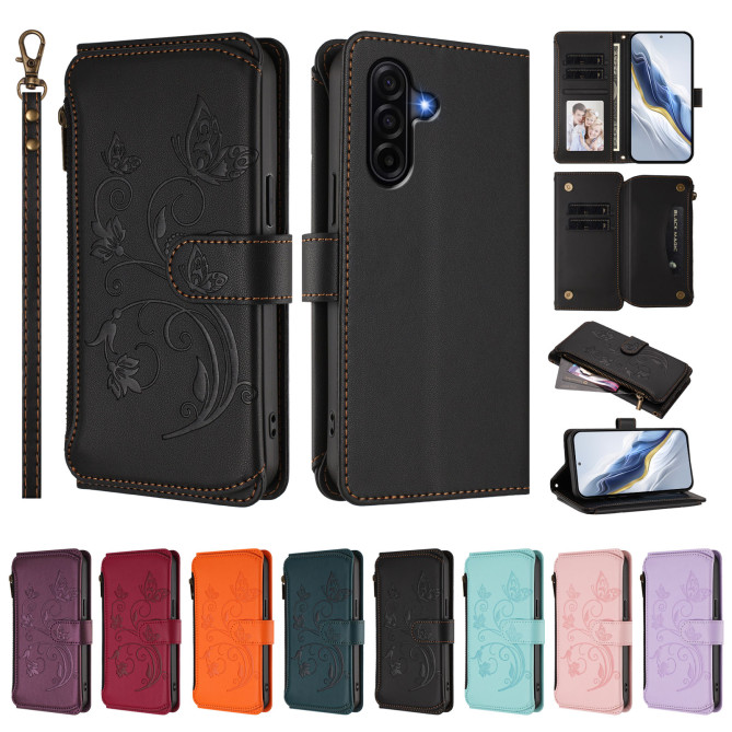 Housse Samsung Galaxy A37 Papillon Floral Portefeuille Fermeture Éclair