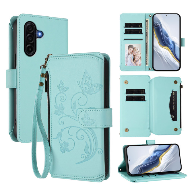 Housse Samsung Galaxy A37 Papillon Floral Portefeuille Fermeture Éclair