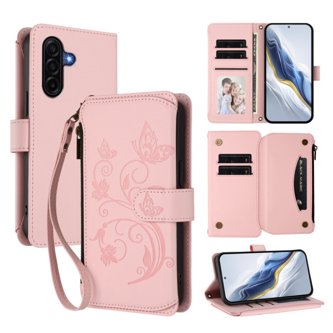 Housse Samsung Galaxy A37 Papillon Floral Portefeuille Fermeture Éclair