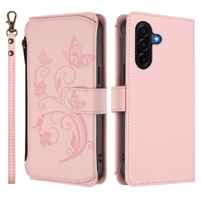 Housse Samsung Galaxy A37 Papillon Floral Portefeuille Fermeture Éclair