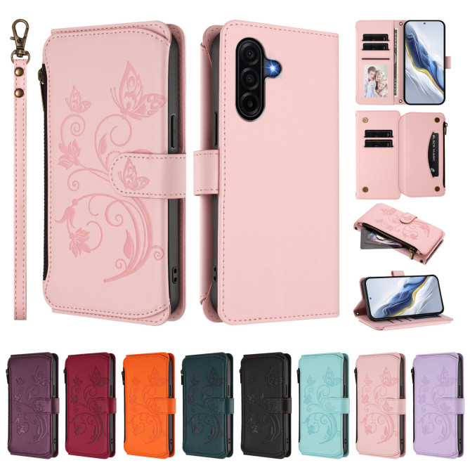 Housse Samsung Galaxy A37 Papillon Floral Portefeuille Fermeture Éclair