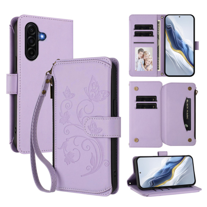 Housse Samsung Galaxy A37 Papillon Floral Portefeuille Fermeture Éclair
