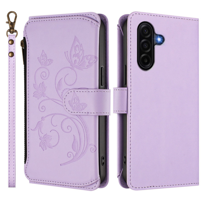 Housse Samsung Galaxy A37 Papillon Floral Portefeuille Fermeture Éclair