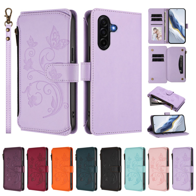 Housse Samsung Galaxy A37 Papillon Floral Portefeuille Fermeture Éclair