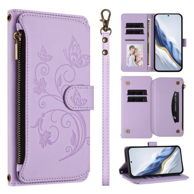 Housse Samsung Galaxy A37 Papillon Floral Portefeuille Fermeture Éclair