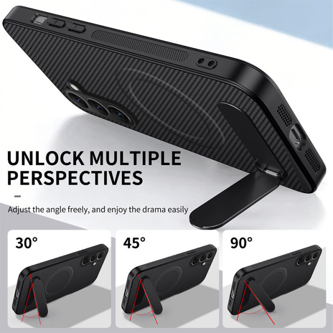 Coque Samsung Galaxy A37 WANLONFENG QT1 Fibre de Carbone Film inclus avec Support