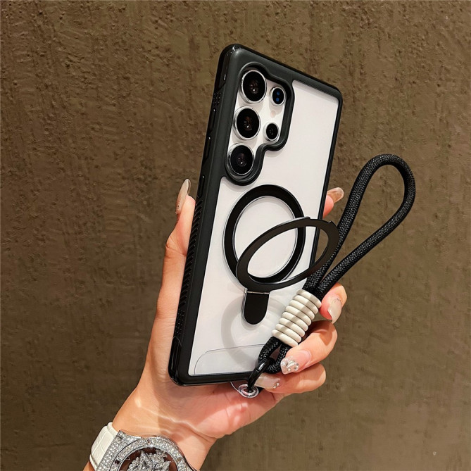 Coque Samsung Galaxy S26 Ultra Transparente avec Support Rotatif et Dragonne