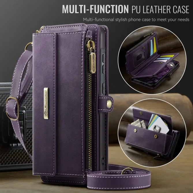 Housse Samsung Galaxy A57 Effet Cuir Portefeuille Zippé Bandoulière C39