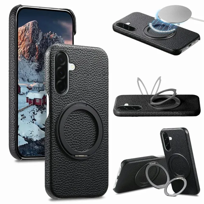 Coque Samsung Galaxy A57 Cuir Grainé Magnétique Anneau Rotatif