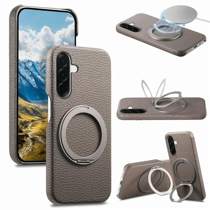 Coque Samsung Galaxy A57 Cuir Grainé Magnétique Anneau Rotatif