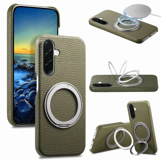 Coque Samsung Galaxy A57 Cuir Grainé Magnétique Anneau Rotatif