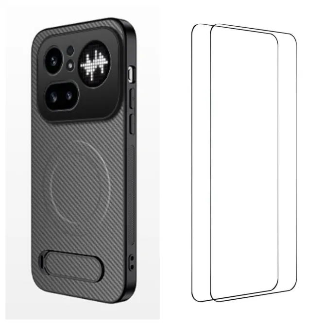 Coque Nothing Phone (4a) Pro Magnétique Fibre de Carbone Béquille Pliable avec 2 Verres Trempés