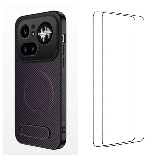 Coque Nothing Phone (4a) Pro Magnétique Fibre de Carbone Béquille Pliable avec 2 Verres Trempés