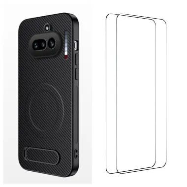 Coque Nothing Phone (4a) Magnétique Fibre de Carbone Béquille Pliable avec 2 Verres Trempés