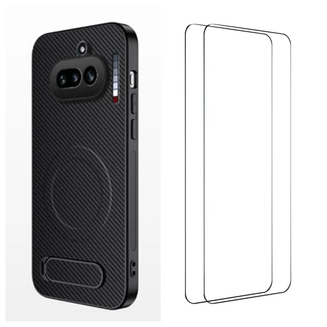 Coque Nothing Phone (4a) Magnétique Fibre de Carbone Béquille Pliable avec 2 Verres Trempés
