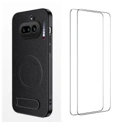 Coque Nothing Phone (4a) Magnétique Fibre de Carbone Béquille Pliable avec 2 Verres Trempés