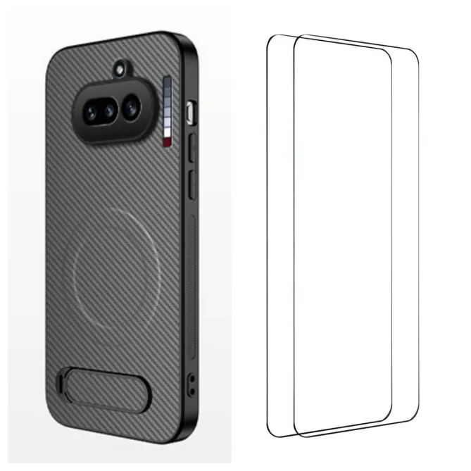 Coque Nothing Phone (4a) Magnétique Fibre de Carbone Béquille Pliable avec 2 Verres Trempés