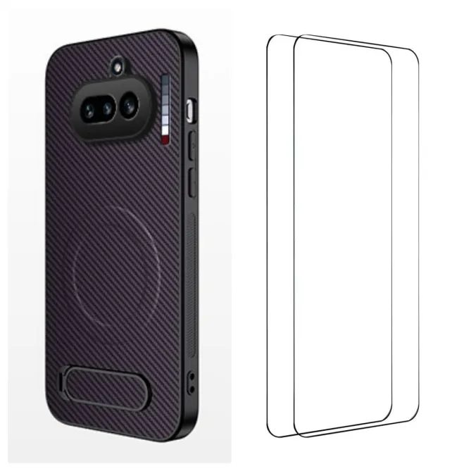 Coque Nothing Phone (4a) Magnétique Fibre de Carbone Béquille Pliable avec 2 Verres Trempés