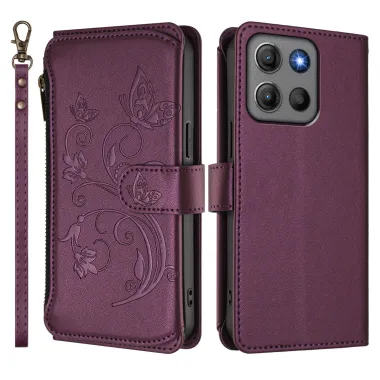 Housse Motorola Moto G17 Power 4G / Moto G17 4G Papillons Fleurs Zippée avec Dragonne