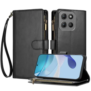 Housse Motorola Moto G17 Power 4G / Moto G17 4G Portefeuille Zippée Anti-Choc avec Dragonne