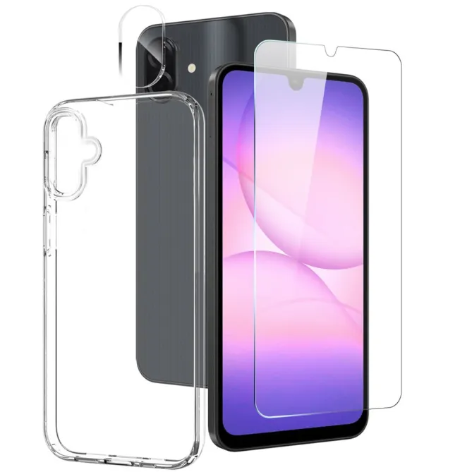 Pack Samsung Galaxy A07 Coque Transparente + Verre Trempé + Protection Caméra