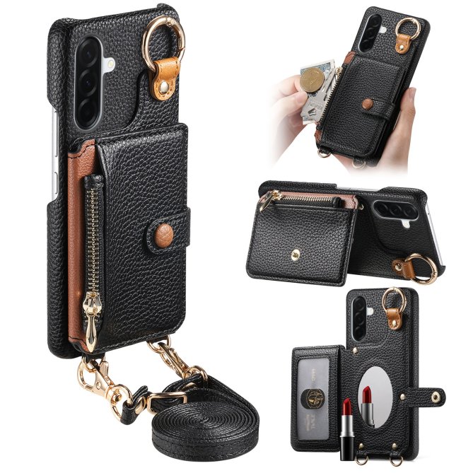 Housse Samsung Galaxy A27 longue sangle miroir béquille zippée