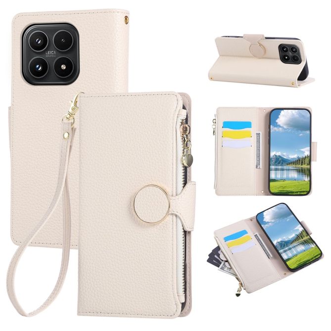 Housse Xiaomi 17 portefeuille grain litchi avec fermoir rond aimanté