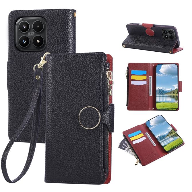 Housse Xiaomi 17 portefeuille grain litchi avec fermoir rond aimanté