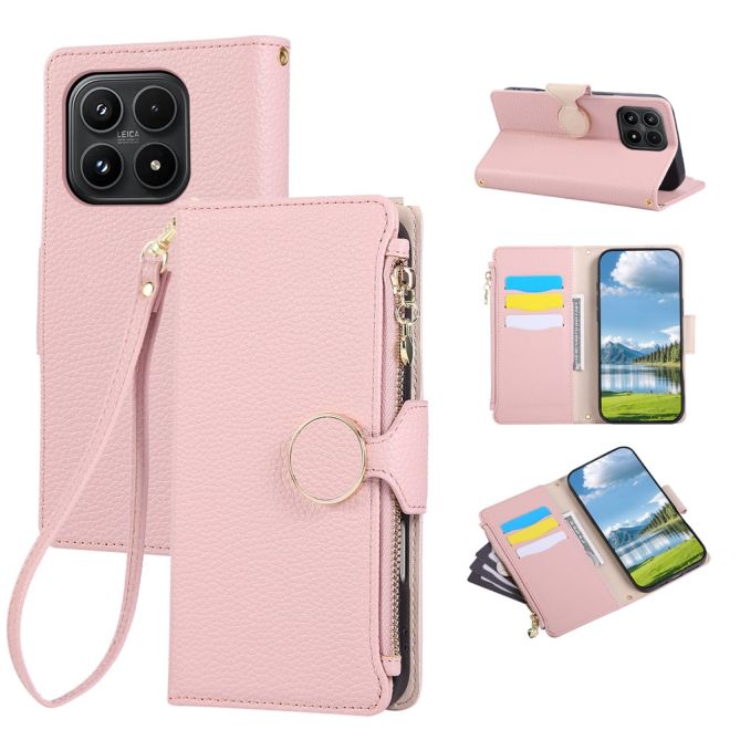 Housse Xiaomi 17 portefeuille grain litchi avec fermoir rond aimanté