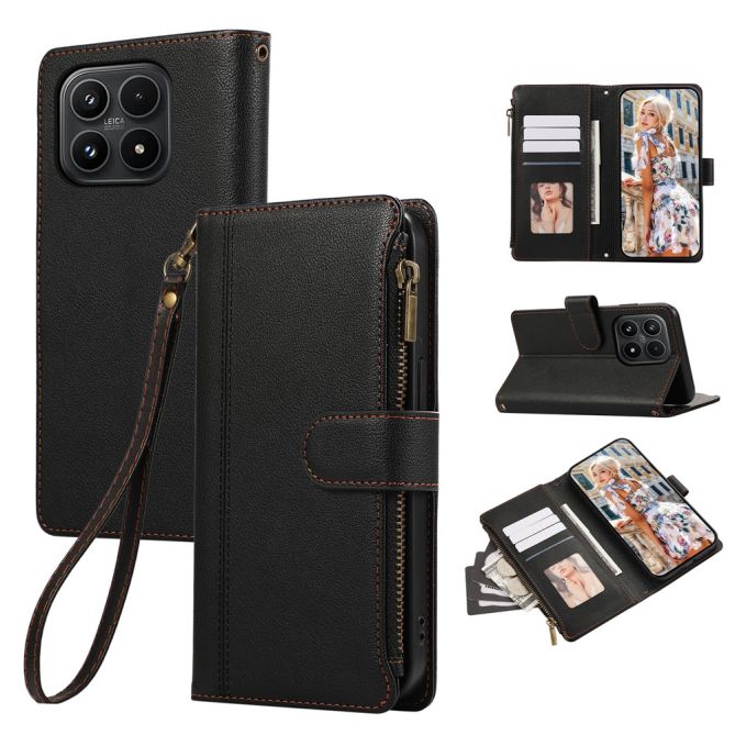Housse Xiaomi 17 portefeuille simili cuir avec poche zippée et dragonne