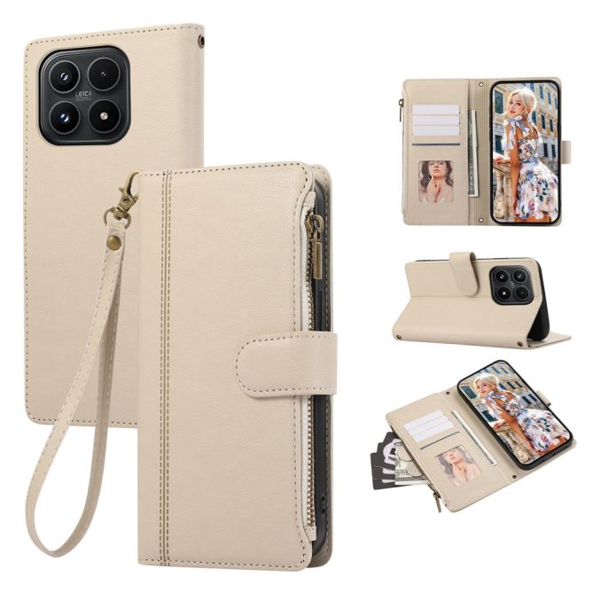 Housse Xiaomi 17 portefeuille simili cuir avec poche zippée et dragonne